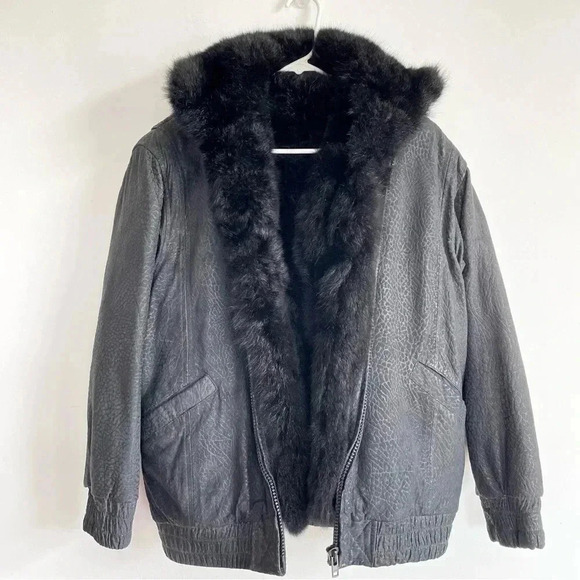 Andrew Marc Leather Real Fur Coat Opossum Removeable Liner Black Jacket Womens M - Picture 1 of 14